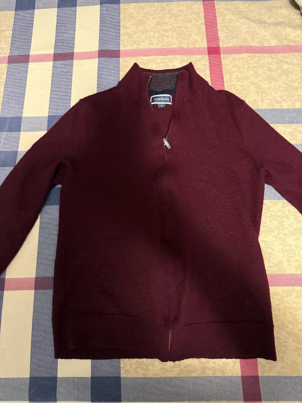 Club Room Men's Deep Burgundy Zip-Up Merino Sweater (M)